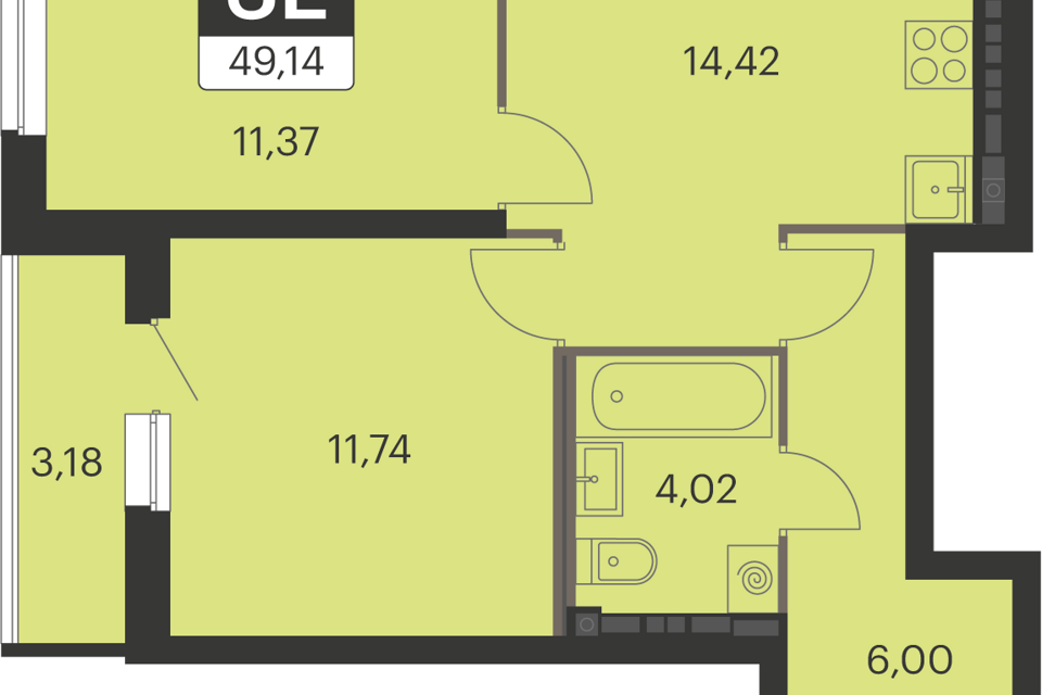Продаётся 2-комнатная квартира, 49.1 м²