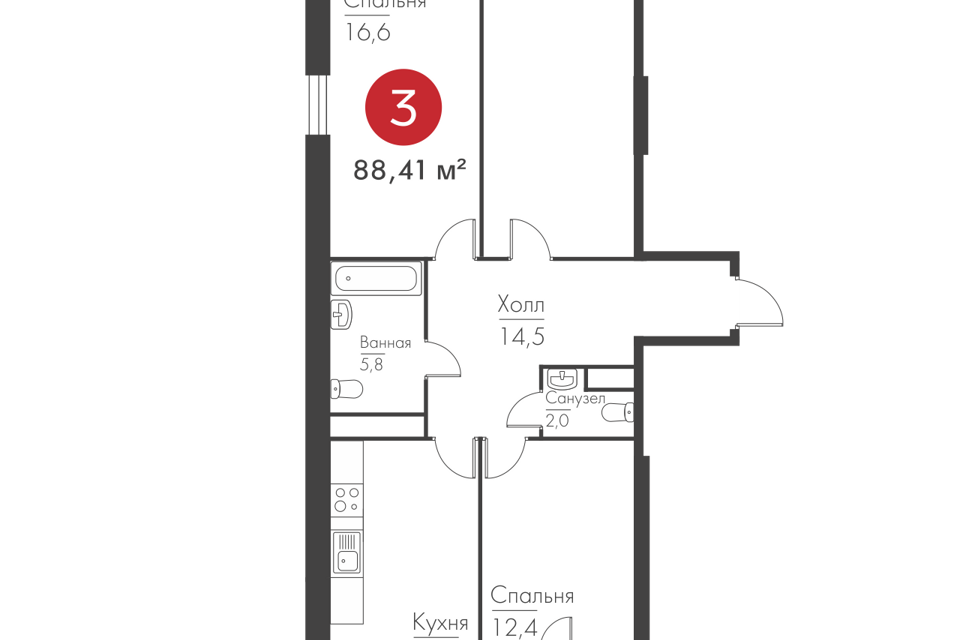 Продаётся 3-комнатная квартира, 88.8 м²