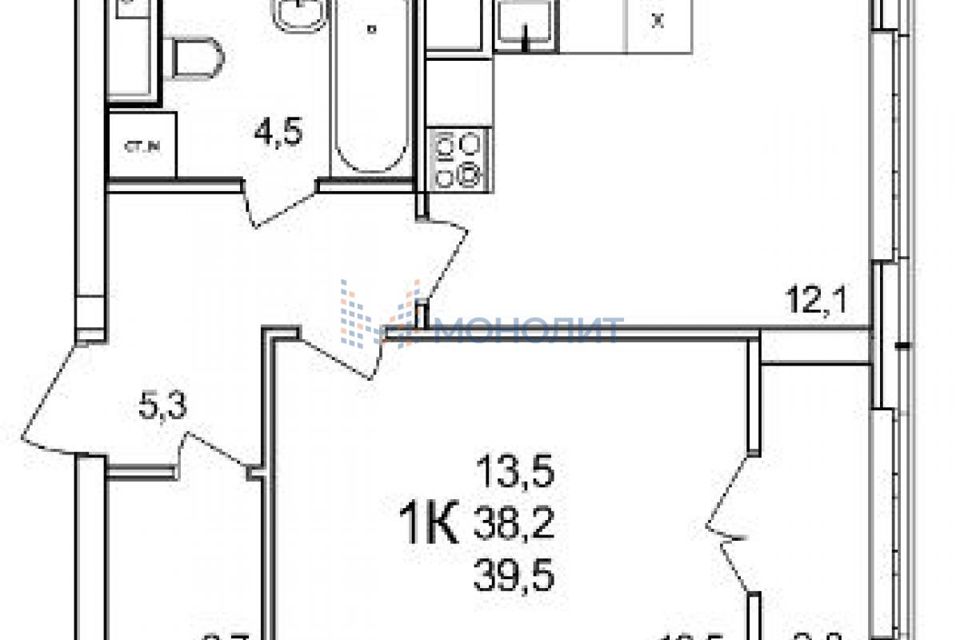 Продаётся 1-комнатная квартира, 39.5 м²