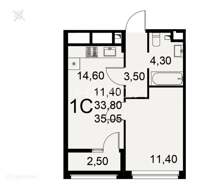 Продаётся 1-комнатная квартира, 35.05 м²