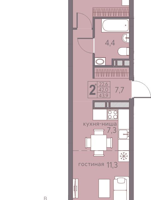 Продаётся 2-комнатная квартира, 43.9 м²
