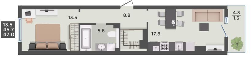 Продаётся 1-комнатная квартира, 47 м²