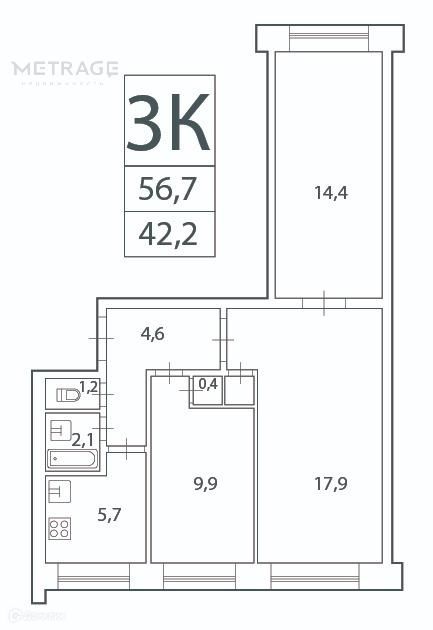 Продаётся 3-комнатная квартира, 56.7 м²