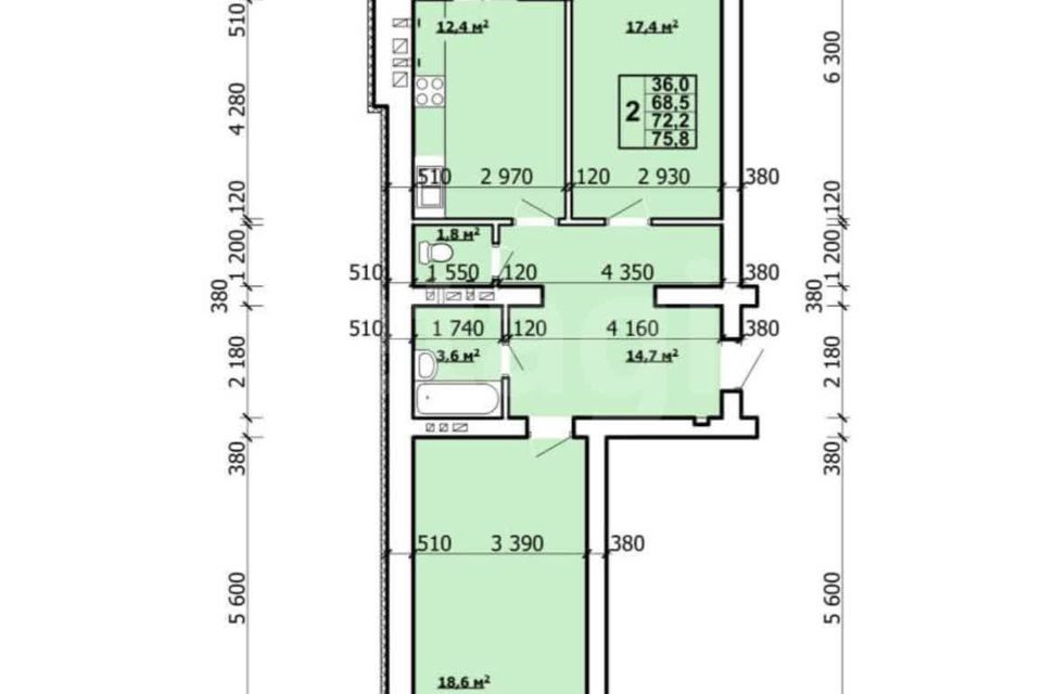 Продаётся 2-комнатная квартира, 75.8 м²