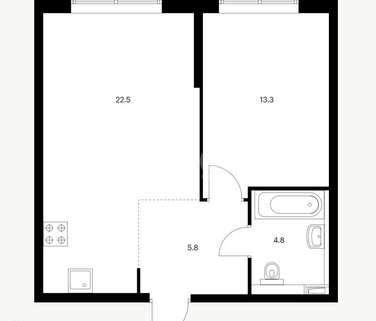 Продаётся 1-комнатная квартира, 46.7 м²