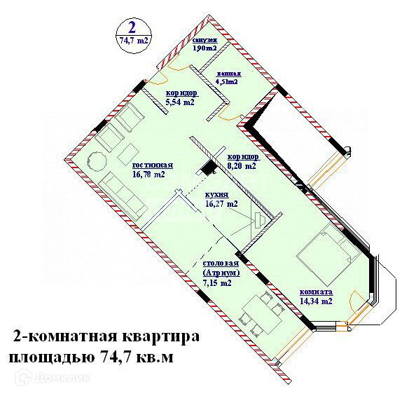 Продаётся 2-комнатная квартира, 74.6 м²