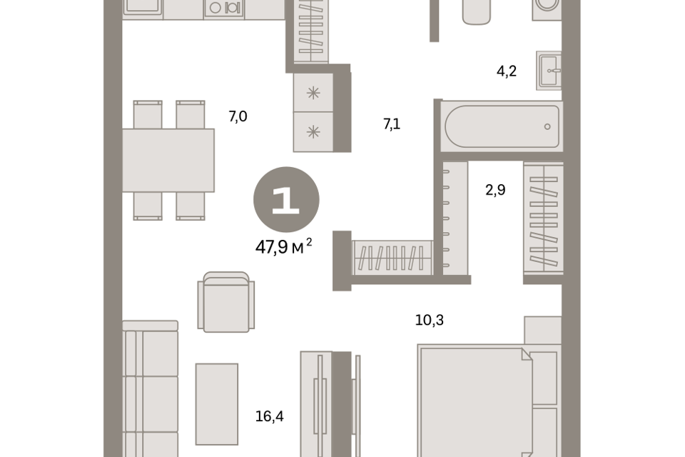 Продаётся 1-комнатная квартира, 47.9 м²