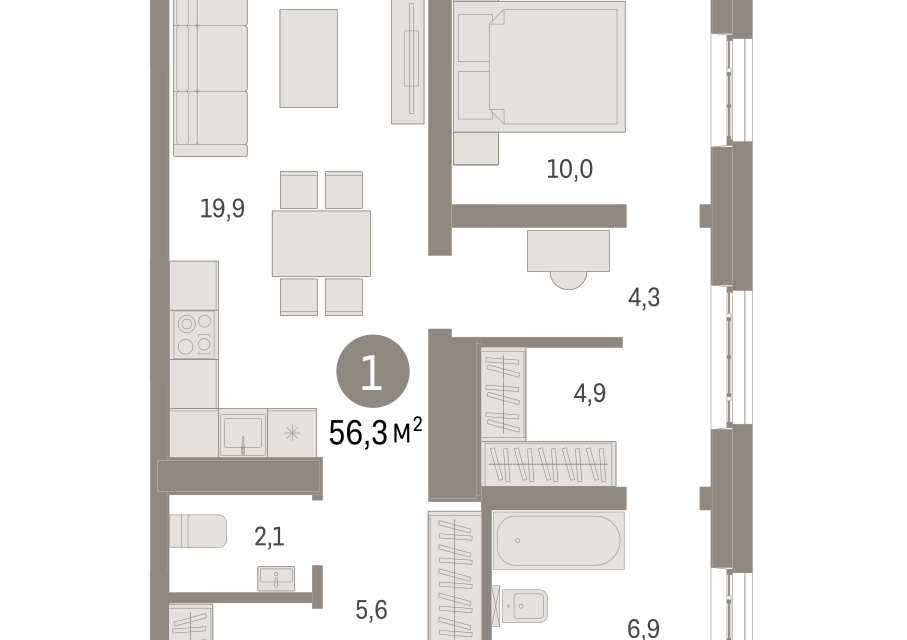 Продаётся 1-комнатная квартира, 56.3 м²