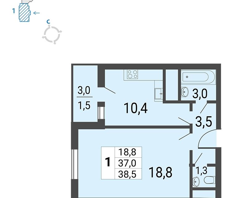 Продаётся 1-комнатная квартира, 38.5 м²