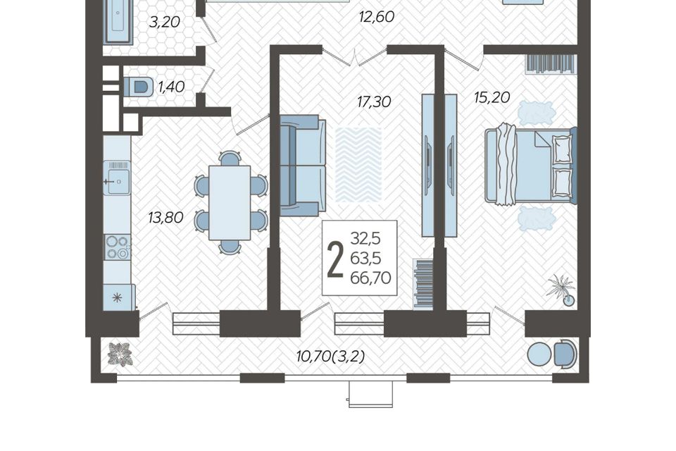 Продаётся 2-комнатная квартира, 66.7 м²