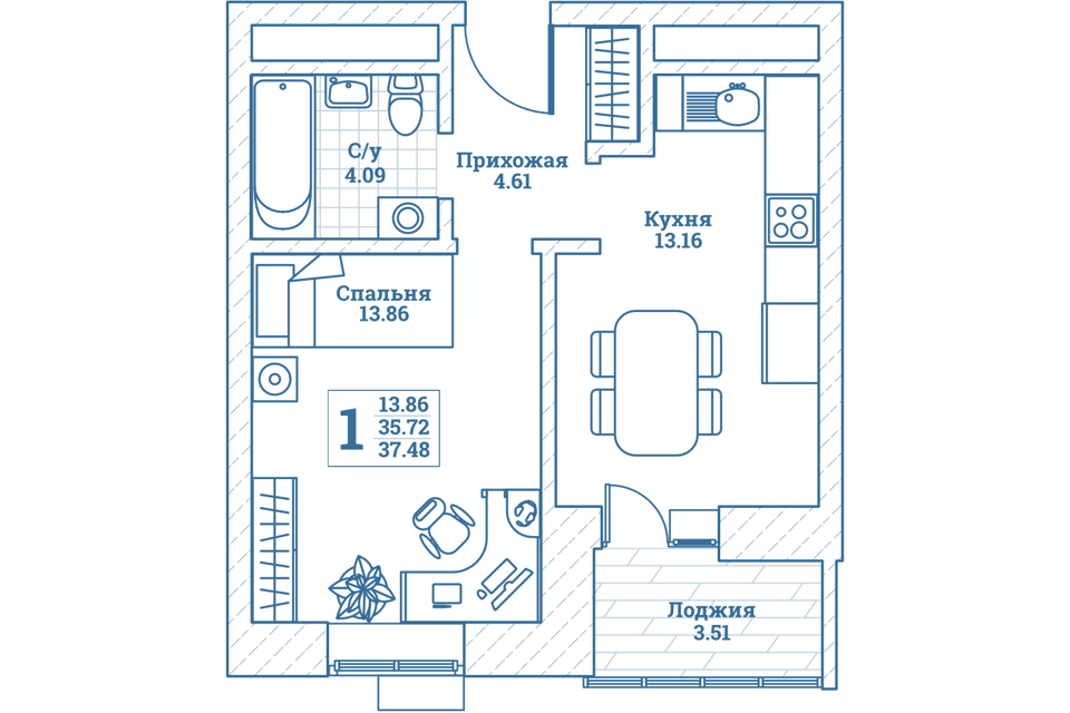 Продаётся 1-комнатная квартира, 37.6 м²