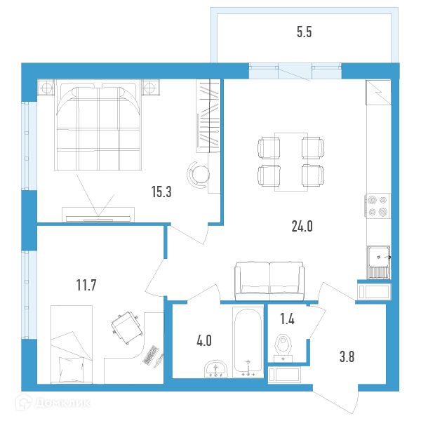 Продаётся 2-комнатная квартира, 61.9 м²