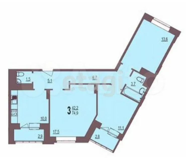 Продаётся 3-комнатная квартира, 74.9 м²