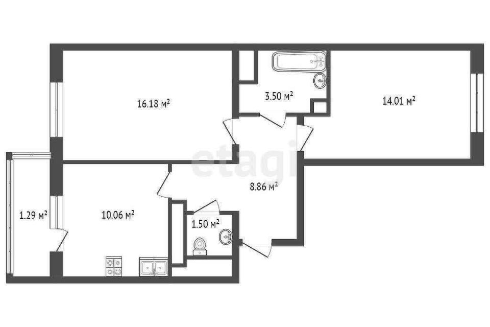 Продаётся 2-комнатная квартира, 53.9 м²