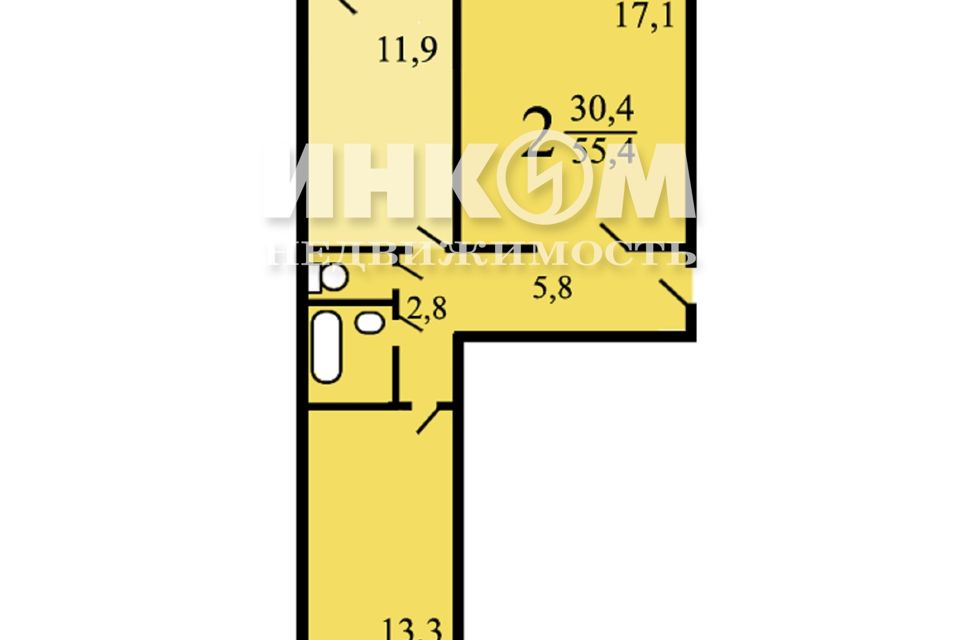 Продаётся 2-комнатная квартира, 55.1 м²