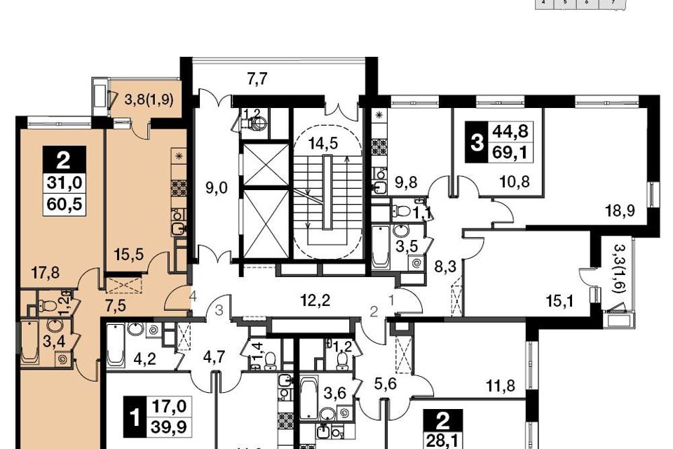 Продаётся 2-комнатная квартира, 60.5 м²