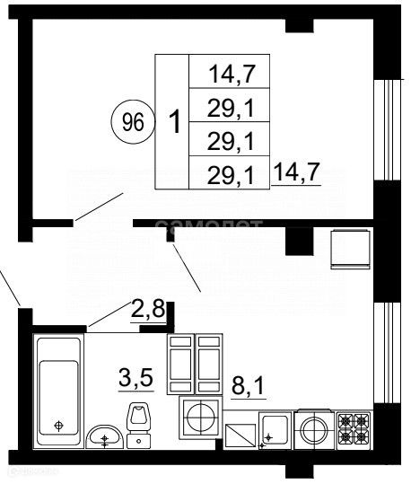 Продаётся 1-комнатная квартира, 29.1 м²