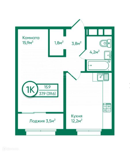 Продаётся 1-комнатная квартира, 39.6 м²