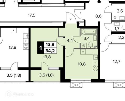Продаётся 1-комнатная квартира, 34.2 м²