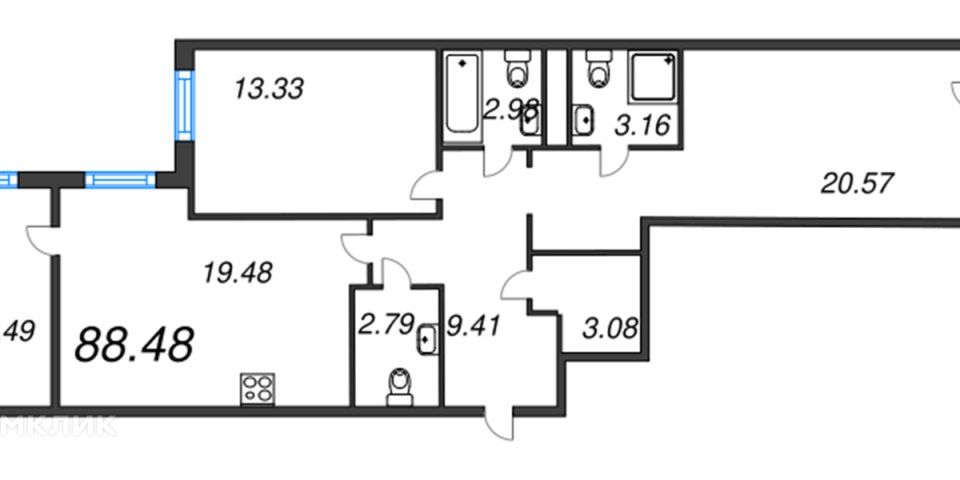 Продаётся 3-комнатная квартира, 91 м²