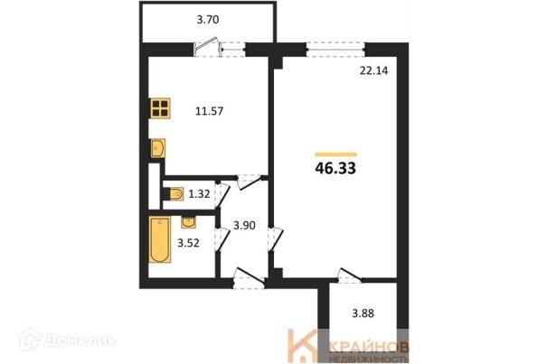 Продаётся 1-комнатная квартира, 46.33 м²
