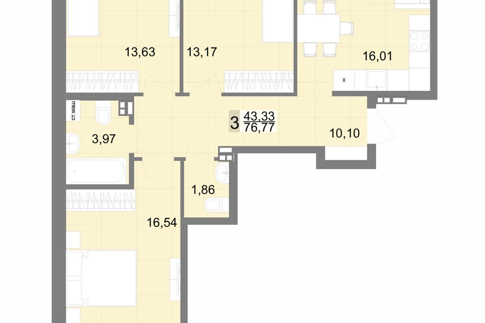 Продаётся 3-комнатная квартира, 76.8 м²