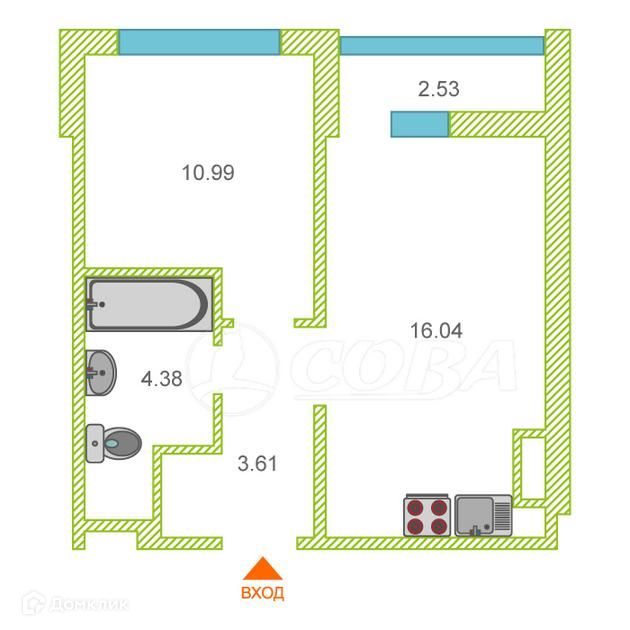 Продаётся 1-комнатная квартира, 34.8 м²