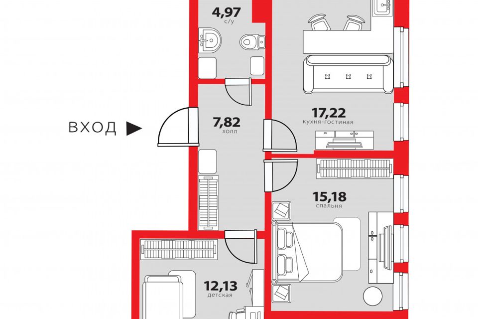 Продаётся 2-комнатная квартира, 57.2 м²