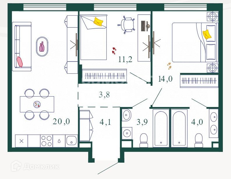 Продаётся 2-комнатная квартира, 61 м²