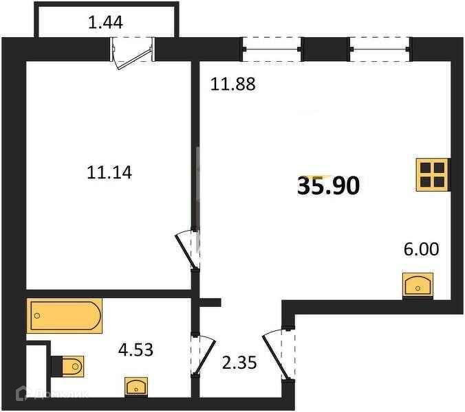 Продаётся 1-комнатная квартира, 35.9 м²