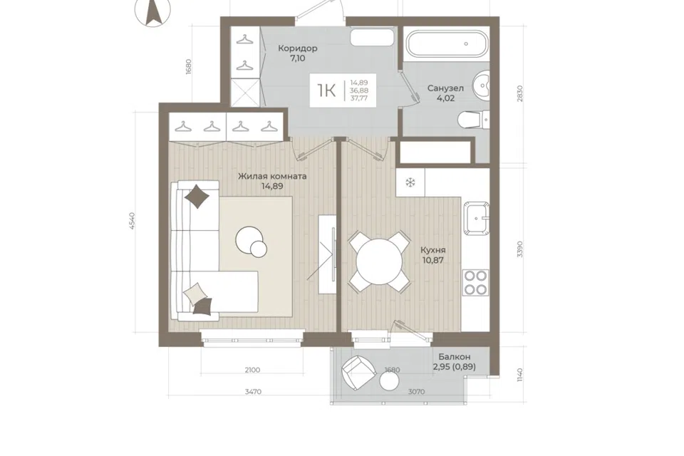 Продаётся 1-комнатная квартира, 37.77 м²