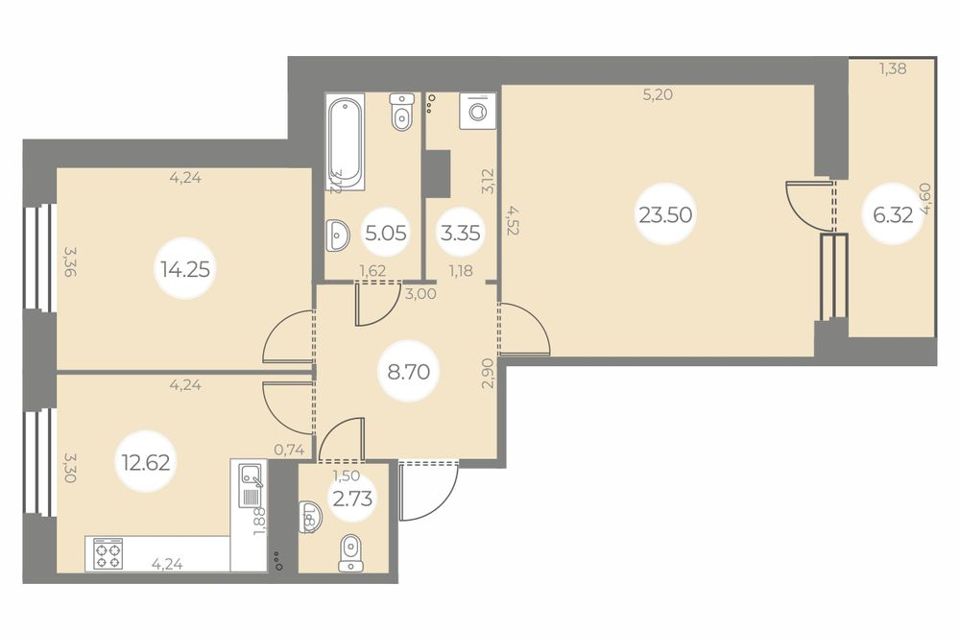 Продаётся 2-комнатная квартира, 73.36 м²