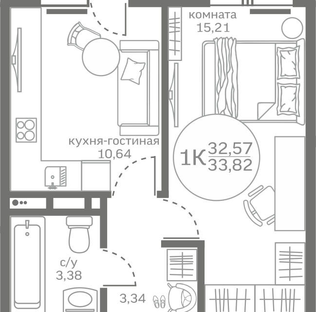 Продаётся 1-комнатная квартира, 32.8 м²