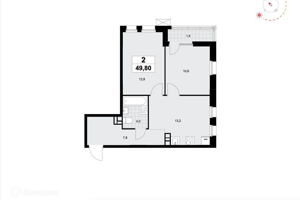 Продаётся 2-комнатная квартира, 49.8 м²