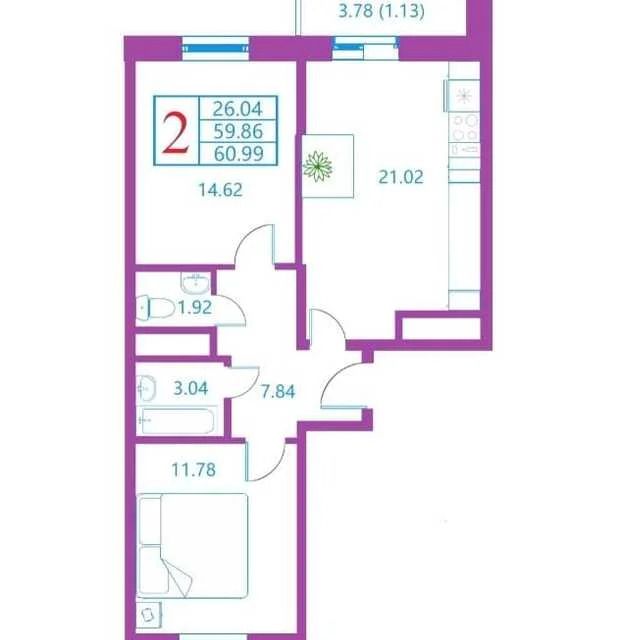 Продаётся 2-комнатная квартира, 61 м²