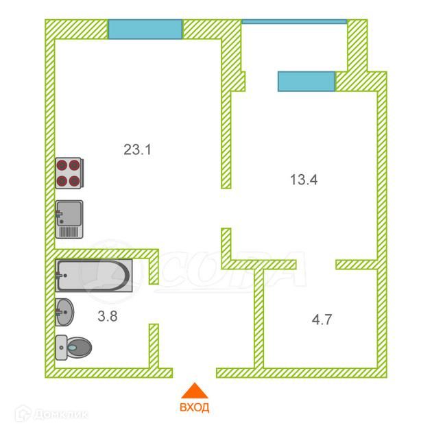 Продаётся 1-комнатная квартира, 45.6 м²