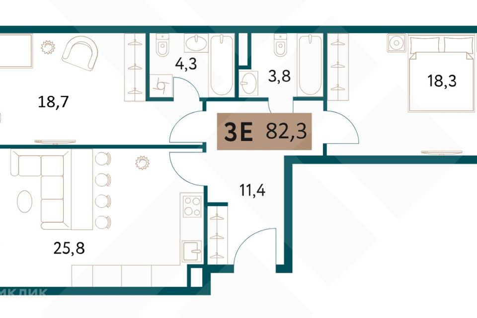 Продаётся 3-комнатная квартира, 82.5 м²