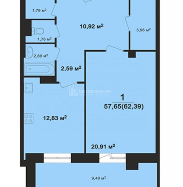 Продаётся 1-комнатная квартира, 62.4 м²