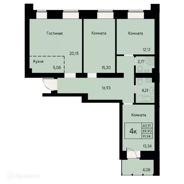 Продаётся 4-комнатная квартира, 91.4 м²