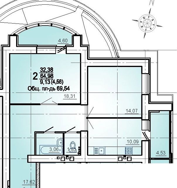 Продаётся 2-комнатная квартира, 69.54 м²