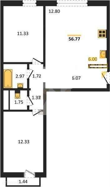 Продаётся 2-комнатная квартира, 56.34 м²