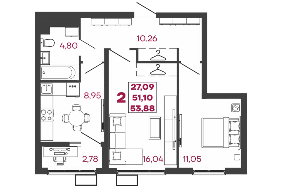 Продаётся 2-комнатная квартира, 53.88 м²