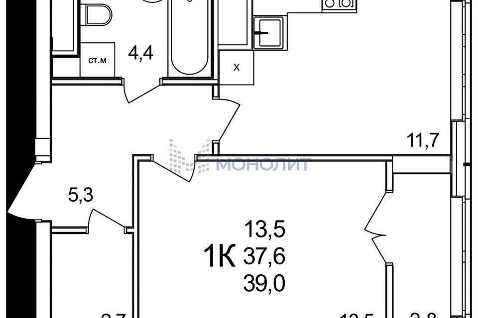 Продаётся 1-комнатная квартира, 39 м²