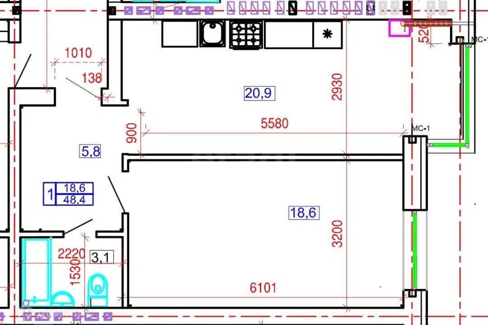 Продаётся 1-комнатная квартира, 49 м²