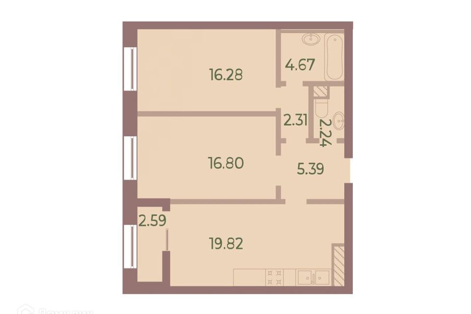 Продаётся 2-комнатная квартира, 69.1 м²