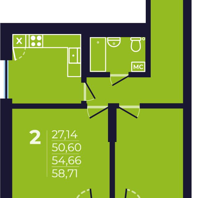 Продаётся 2-комнатная квартира, 54.9 м²