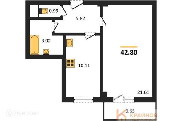 Продаётся 1-комнатная квартира, 42.8 м²