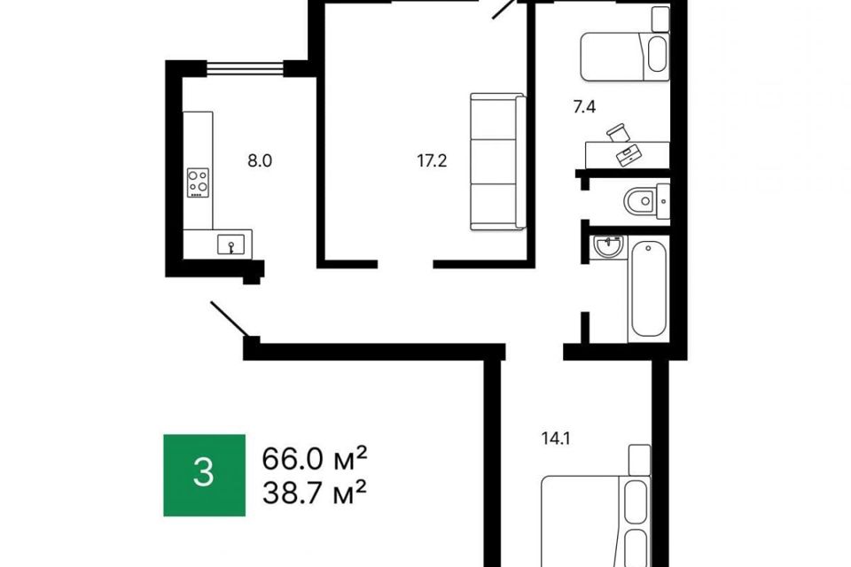 Продаётся 3-комнатная квартира, 66 м²