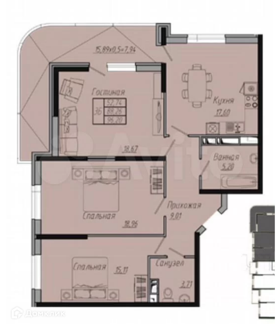 Продаётся 3-комнатная квартира, 96.2 м²