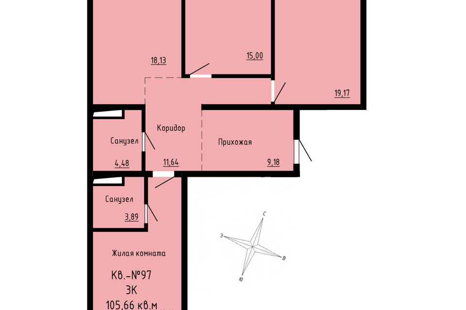 Продаётся 3-комнатная квартира, 105.66 м²